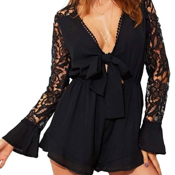 boho Lacey Sleeved Black Romper - Picture 2 of 6